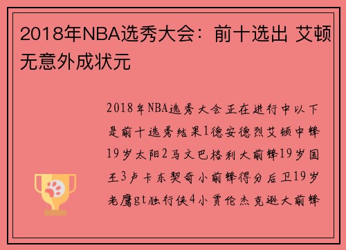 2018年NBA选秀大会：前十选出 艾顿无意外成状元